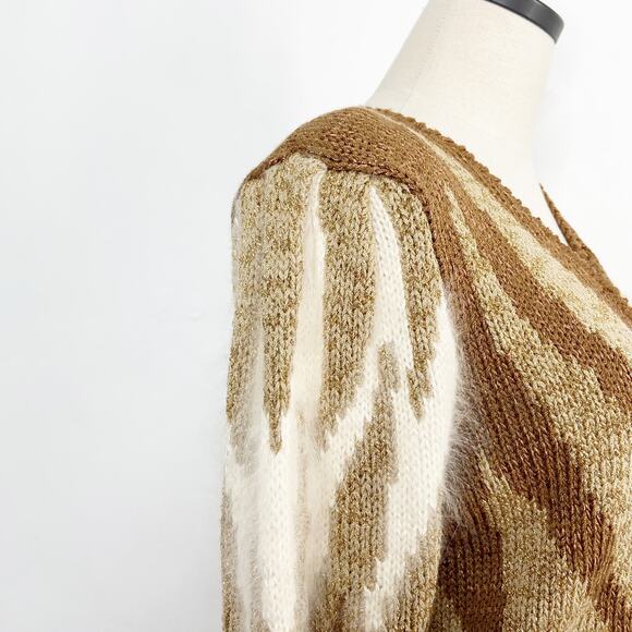 Vintage Christine Geometric Design Sweater Brown Cream Angora 80s Work Size S - Picture 3 of 10